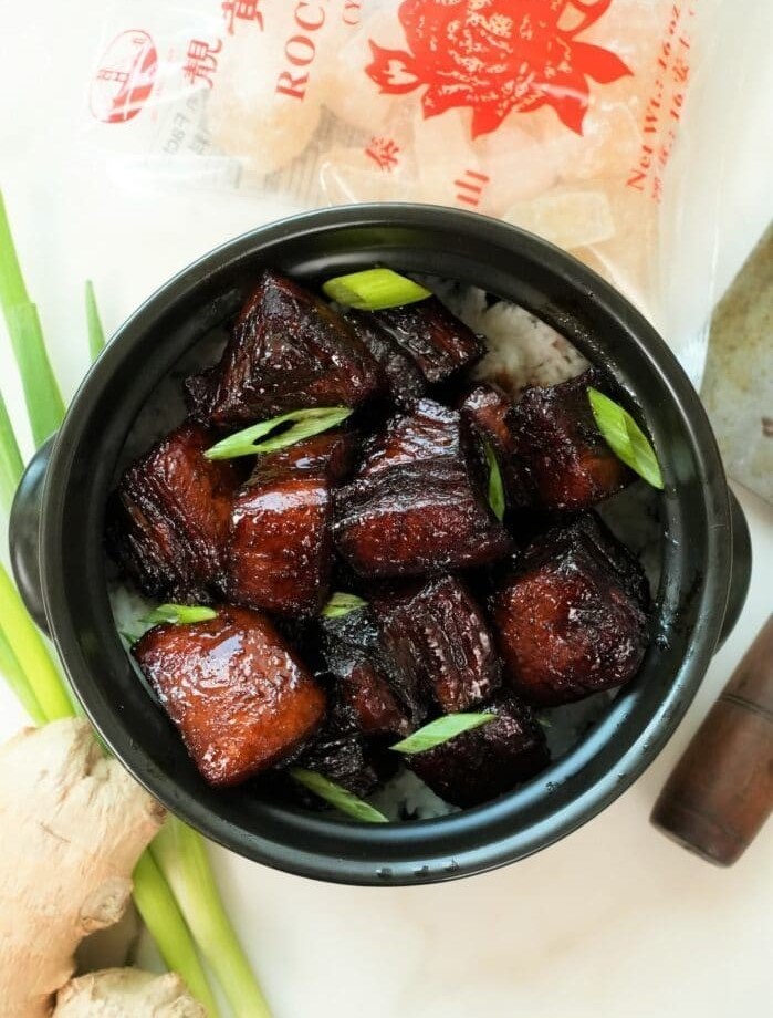 Asian style red braised pork belly, in a pot, garnished with chopped green onions. Surrounding the pot is ginger, green onion and rock sugar.